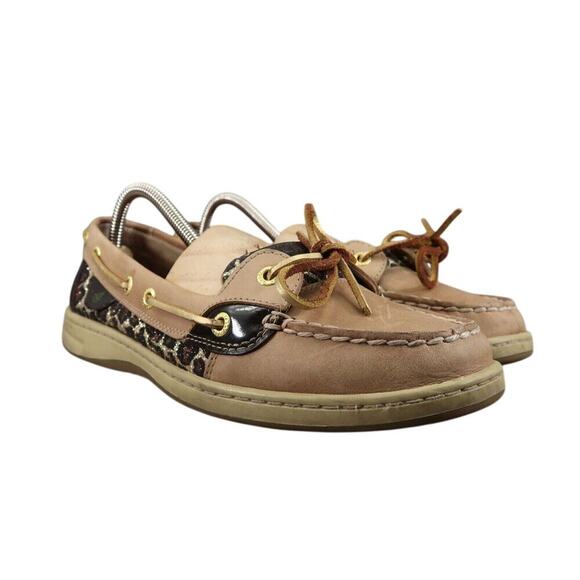 Sperry Shoes Womens 9 Slip On Boat Loafer Leather Leopard Top Sider Preppy Brown - Picture 1 of 13